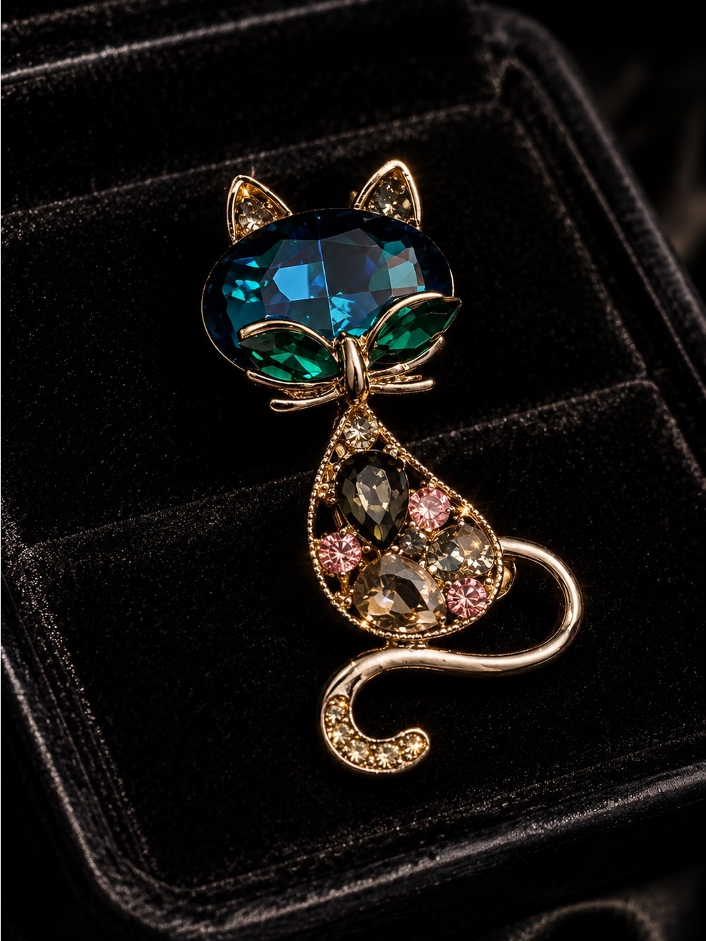 Gold tone Cat Brooch with Blue and Green Crystals - Elegant Pet-Inspired Jewelry